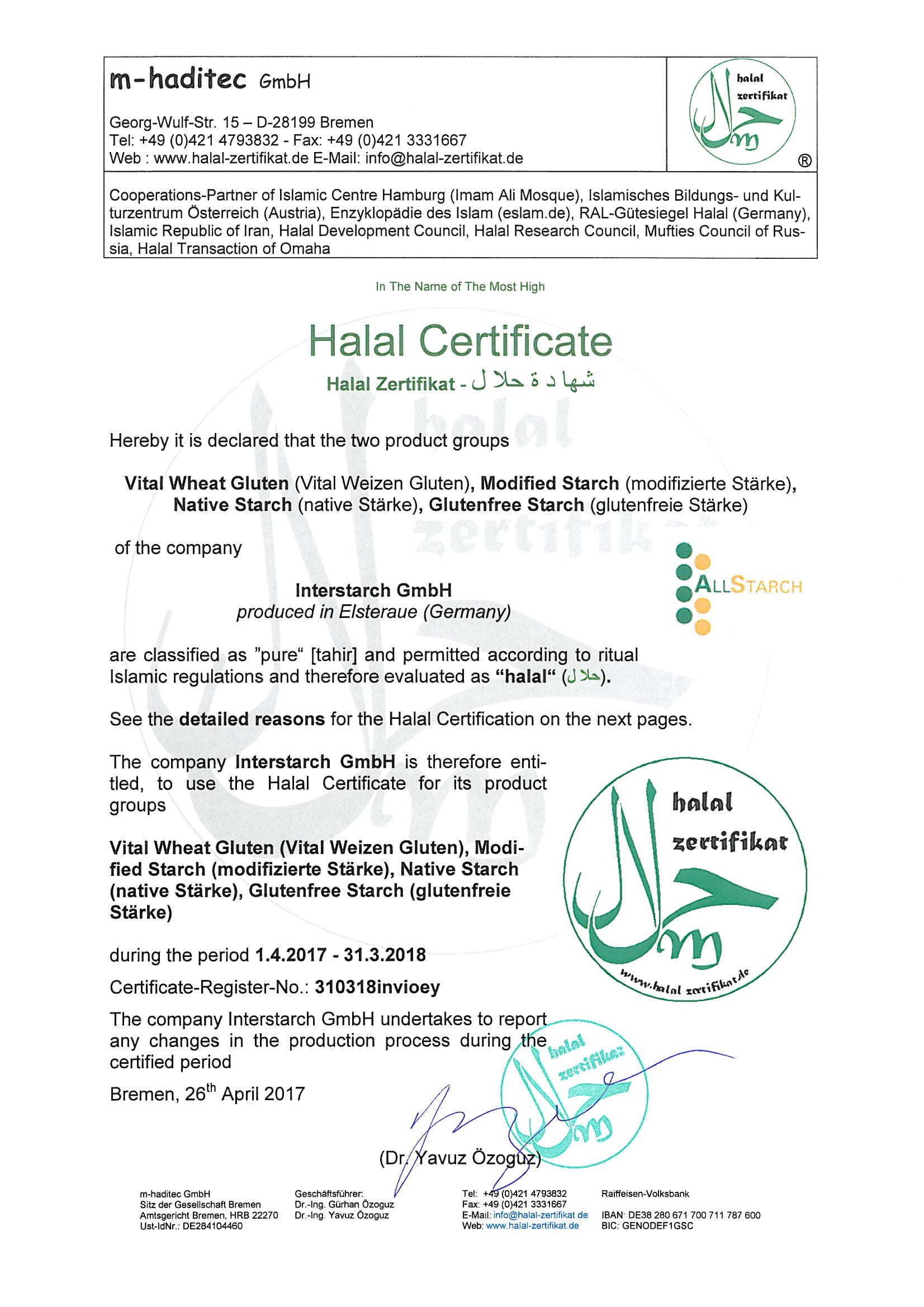 Halal Certificate Interstarch GmbH