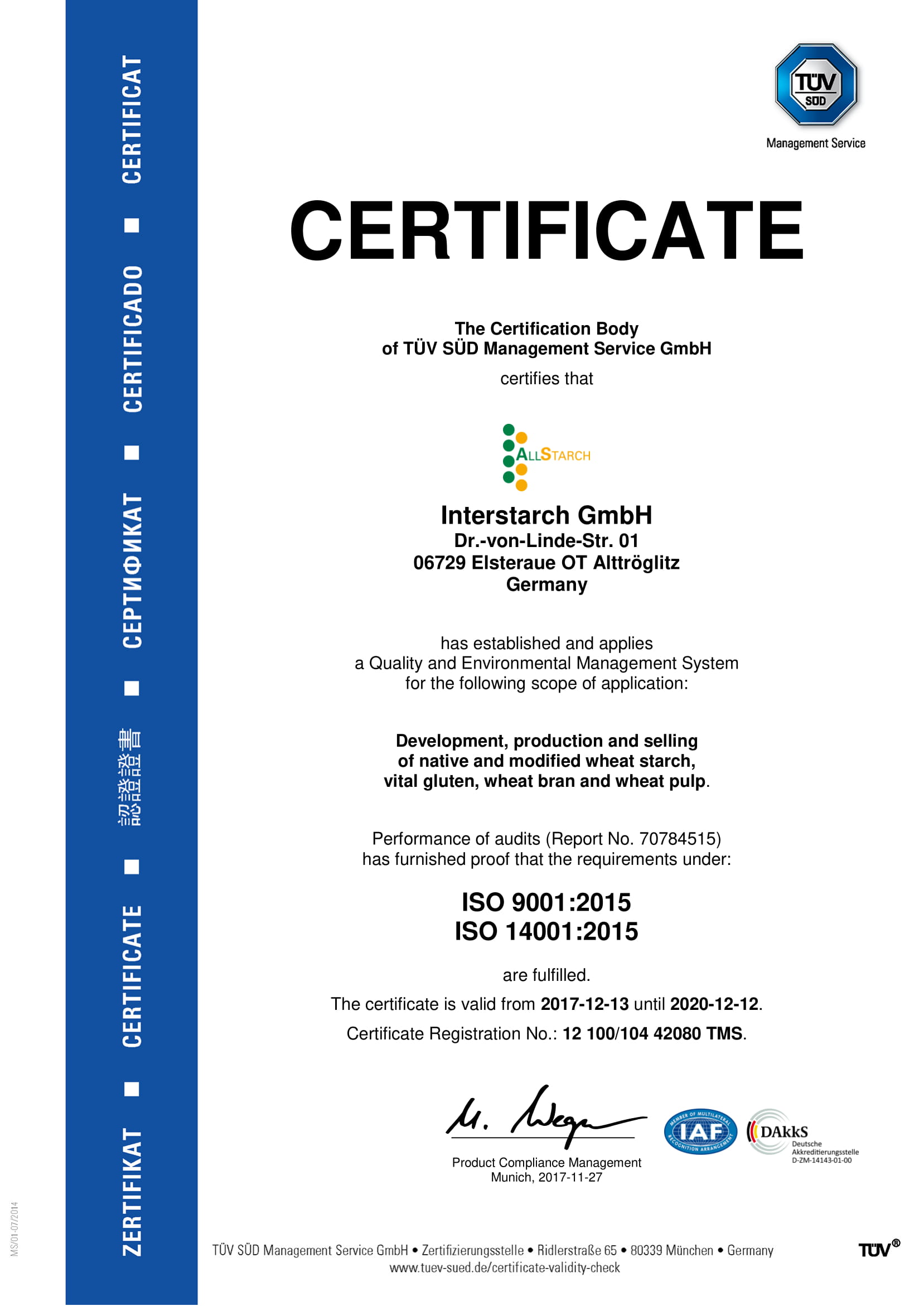 ISO 9001 & 14001 Interstarch GmbH