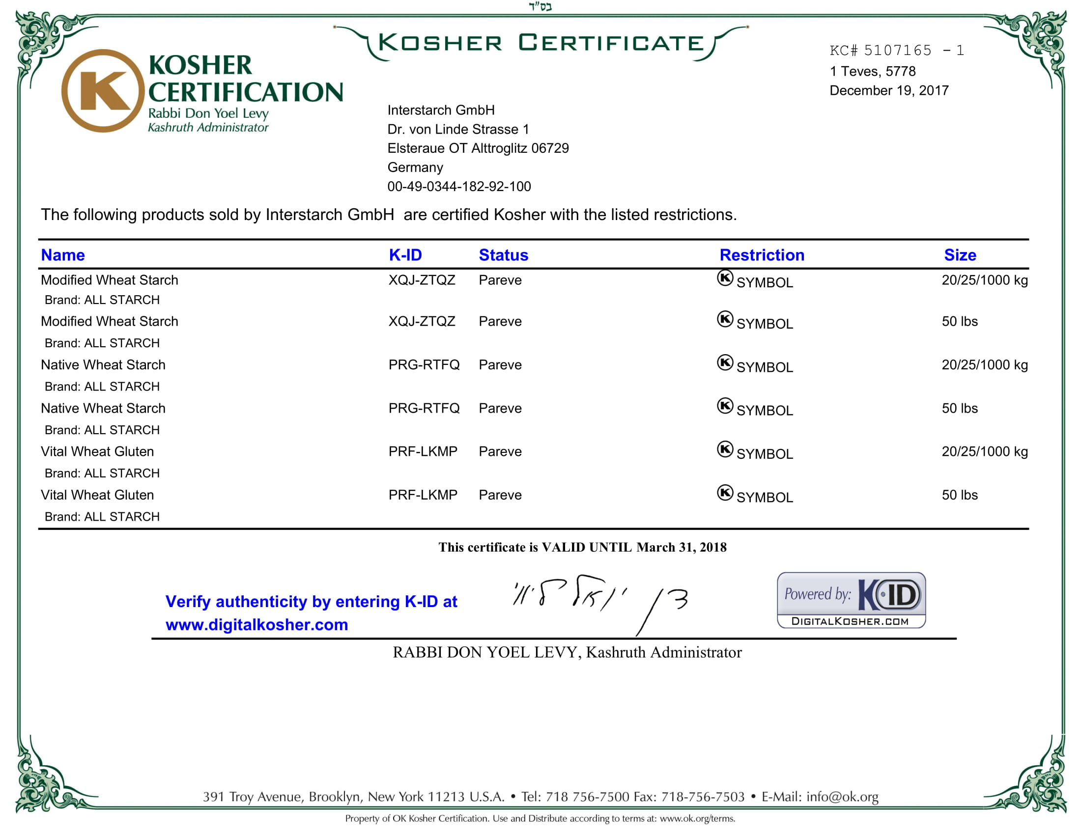 Kosher Certificate Interstarch GmbH