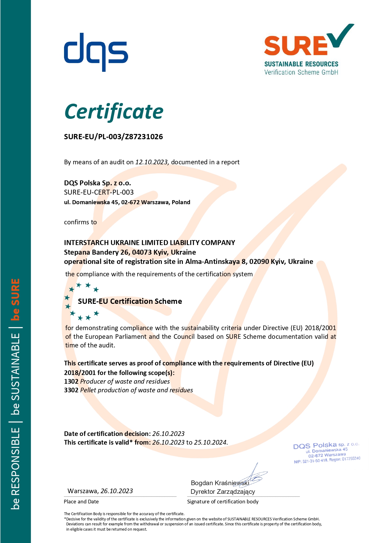 Certificate SURE-EU Interstarch Ukraine LLC