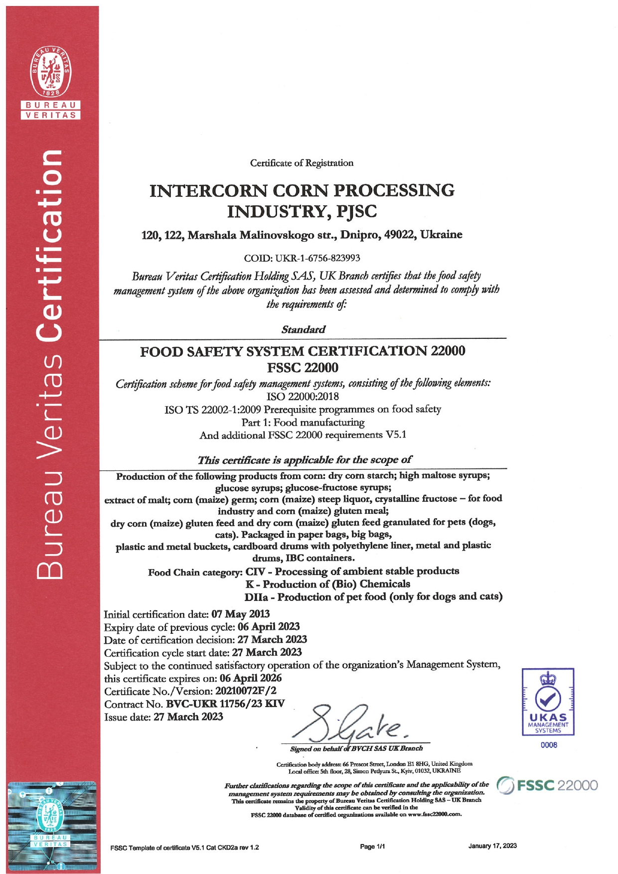 FSSC 22000 Intercorn Corn Processing Industry, PJSC