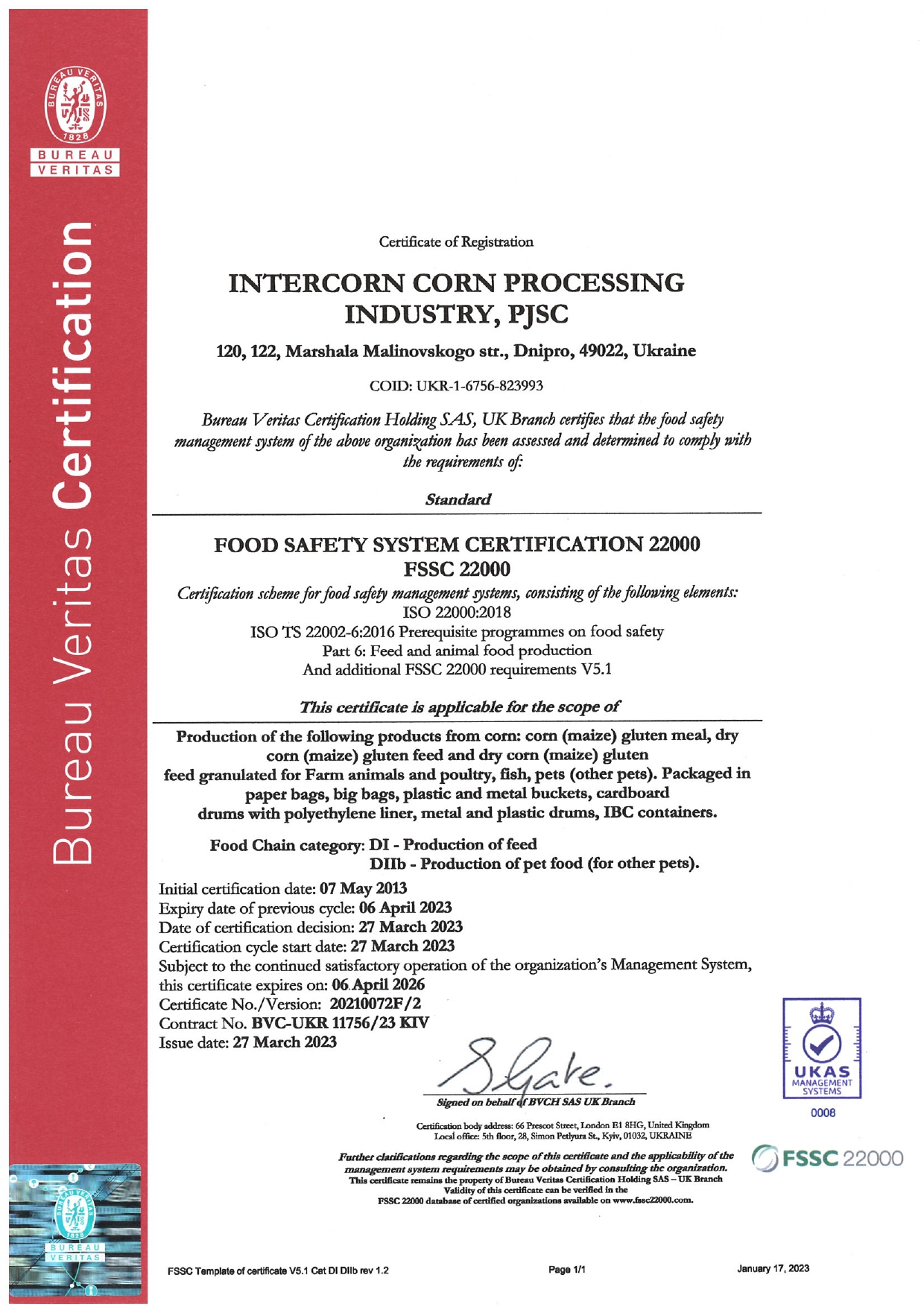 FSSC 22000 Intercorn Corn Processing Industry, PJSC
