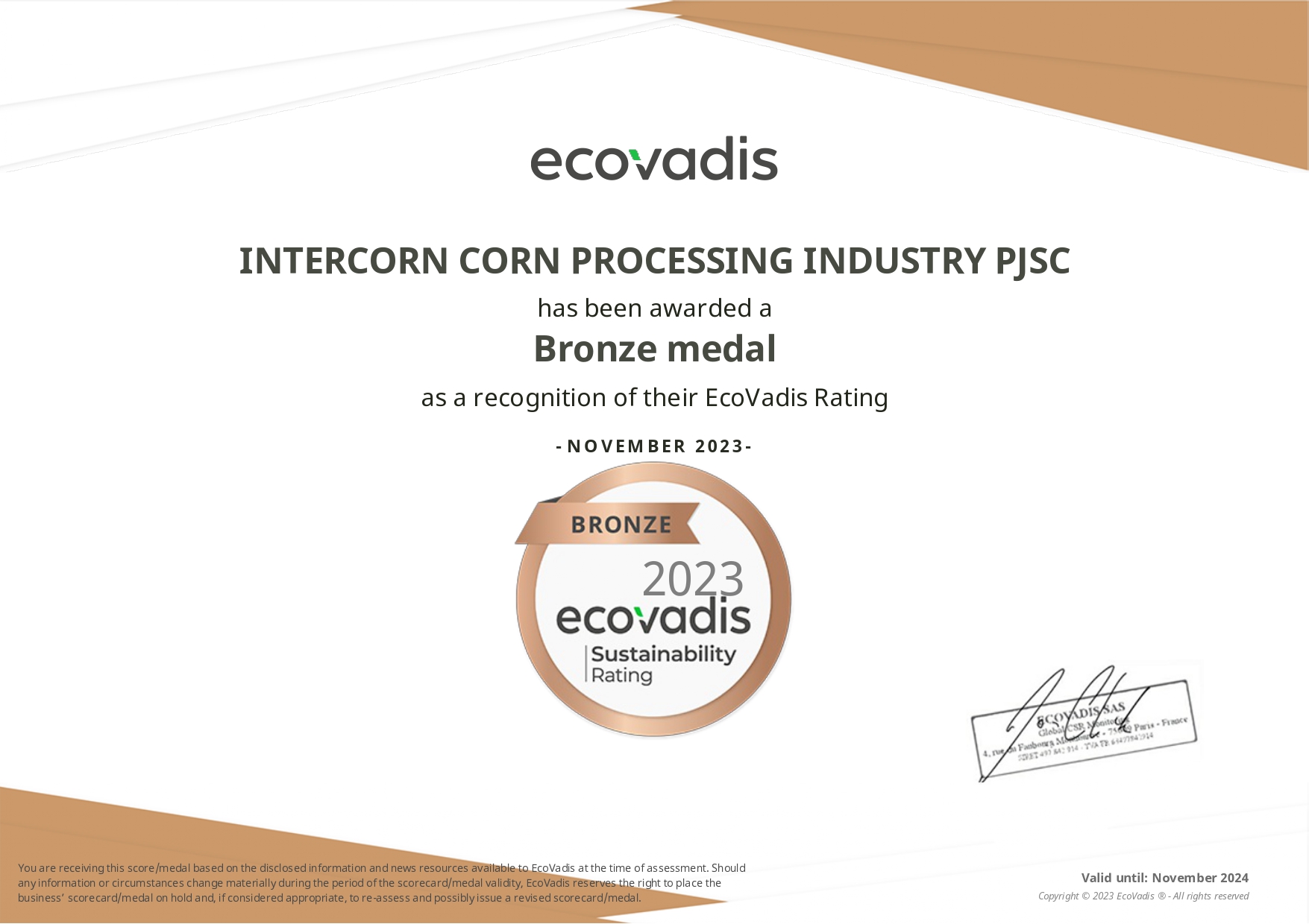 EcoVadis Bronze 2023 Intercorn Corn Processing Industry, PJSC